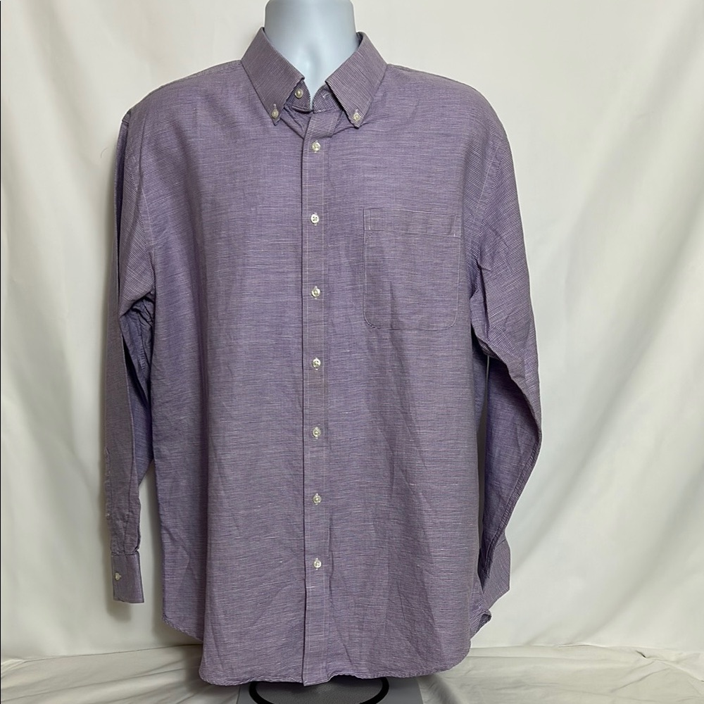 Nordstrom Linen Cotton Men's Size 17 35 Long Sleeve Purple Plaid Button Shirt